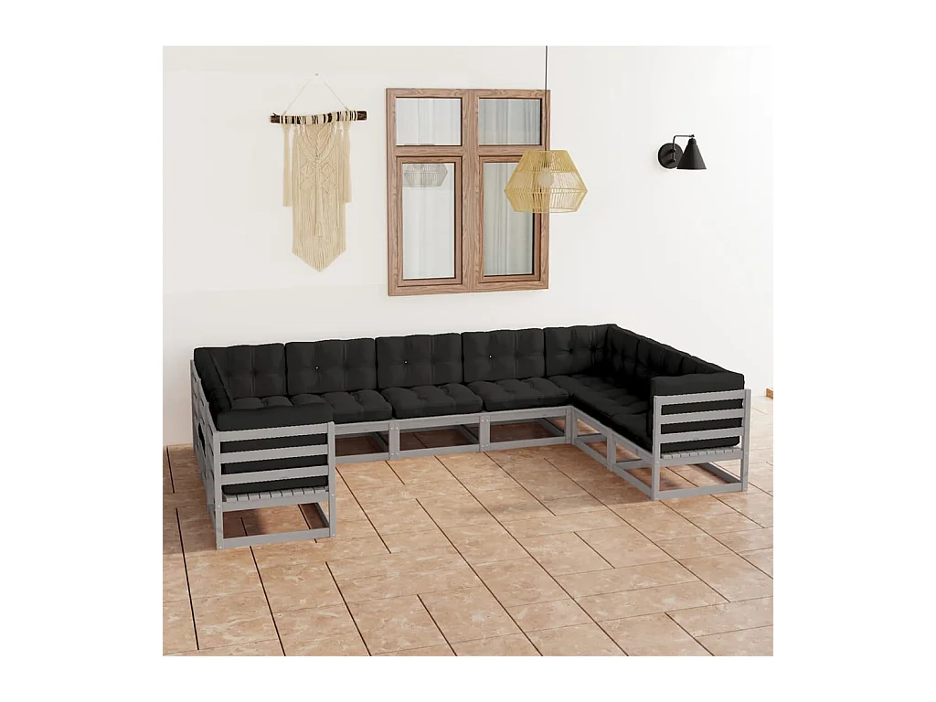 Salon de jardin 9 pcs avec coussins Gris Bois de pin massif