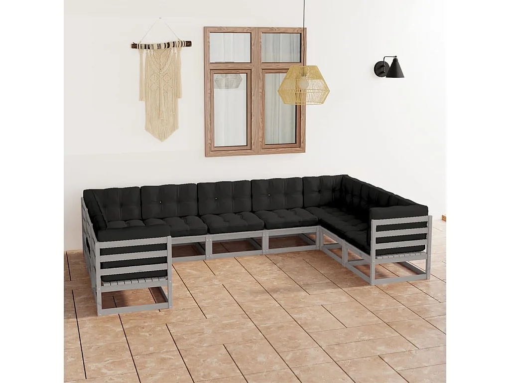 9-tlg. Garten-Lounge-Set mit Kissen Grau Massivholz Kiefer
