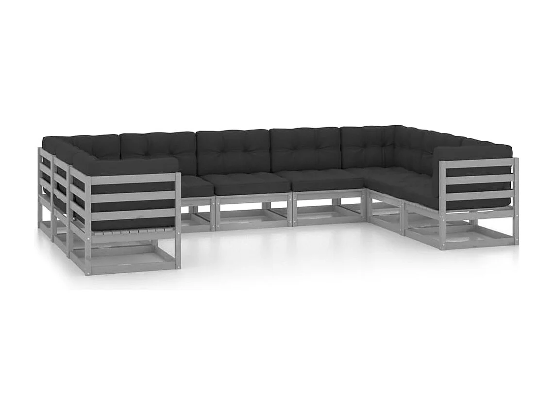 9-tlg. Garten-Lounge-Set mit Kissen Grau Massivholz Kiefer