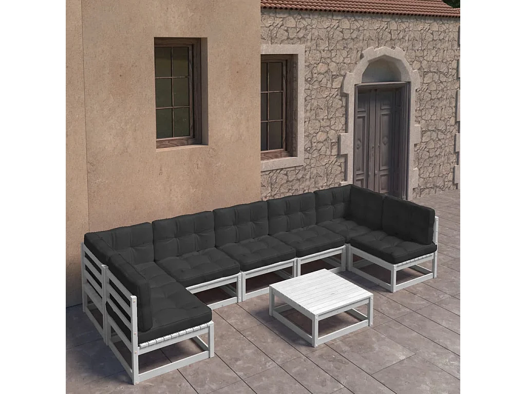 Set Salotto Giardino 8pz con Cuscini Bianco Legno Massello Pino
