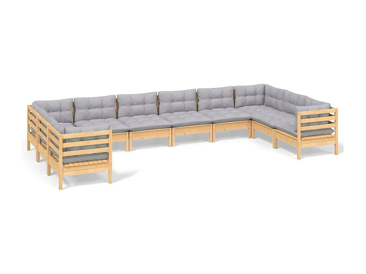 10 pcs conjunto lounge de jardim c/ almofadões cinzentos pinho
