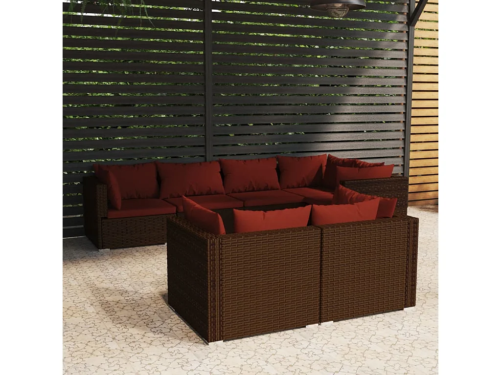 Salon de jardin avec coussins 7 pcs marron résine tressée