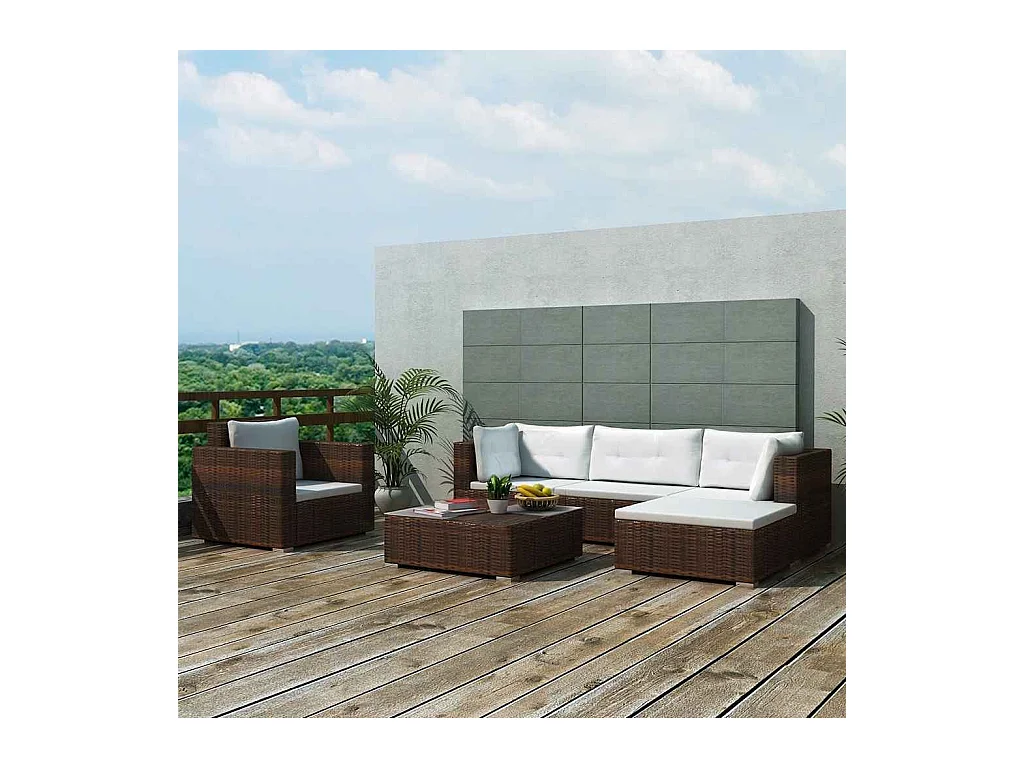 Salon de jardin 6 pcs avec coussins Résine tressée Marron