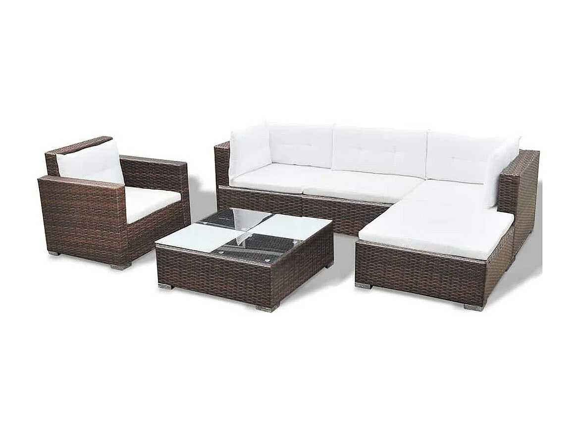6-delige Loungeset met kussens poly rattan bruin