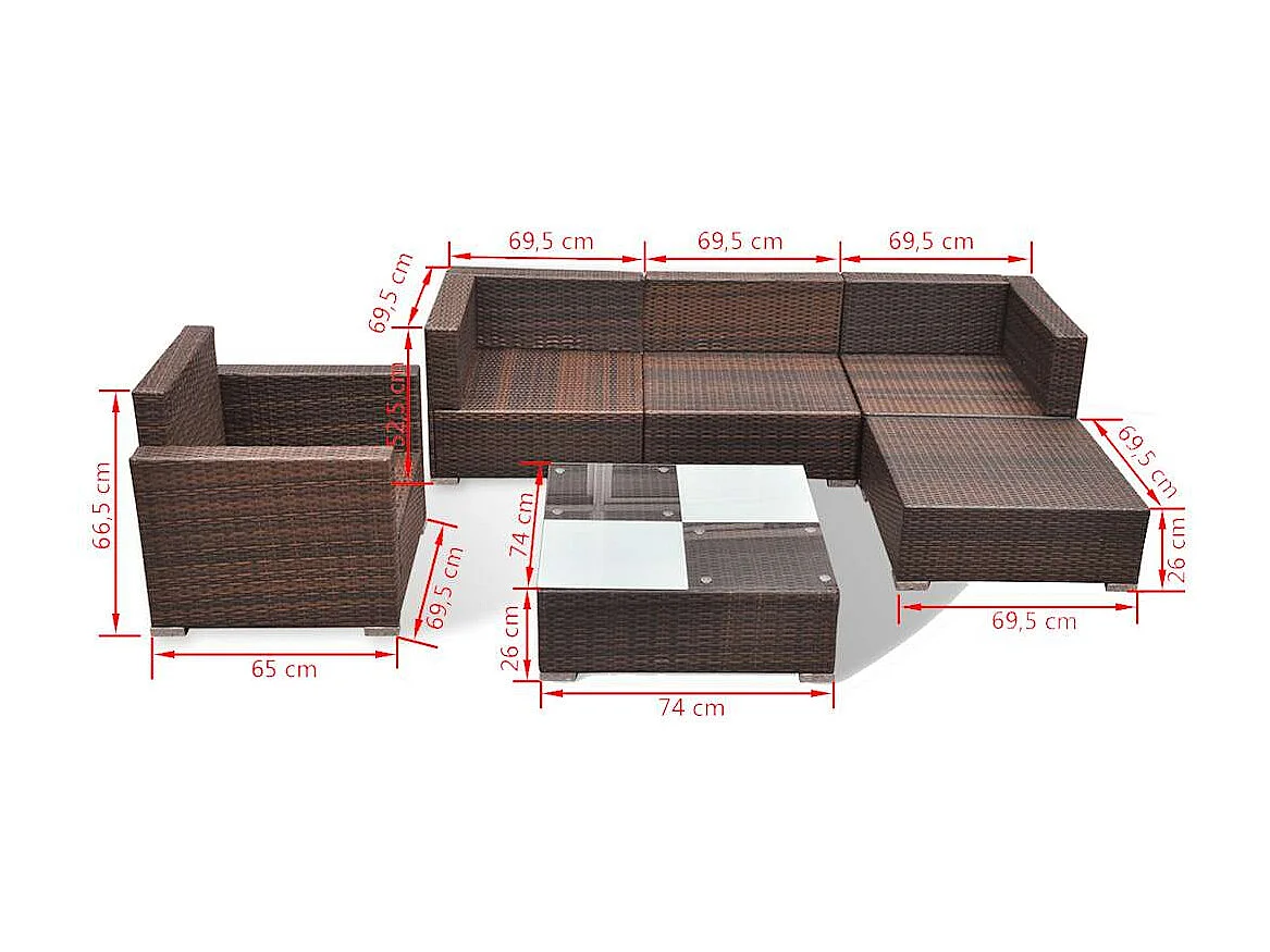 6-delige Loungeset met kussens poly rattan bruin