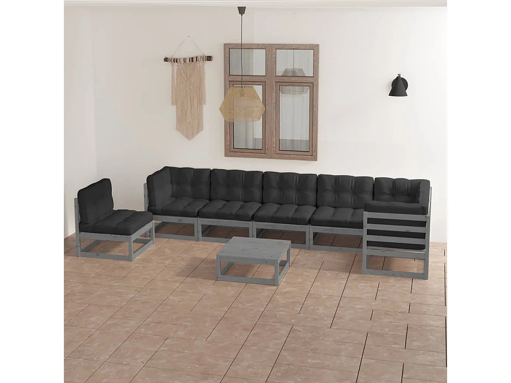 8 pcs conjunto lounge de jardim c/ almofadões pinho maciço