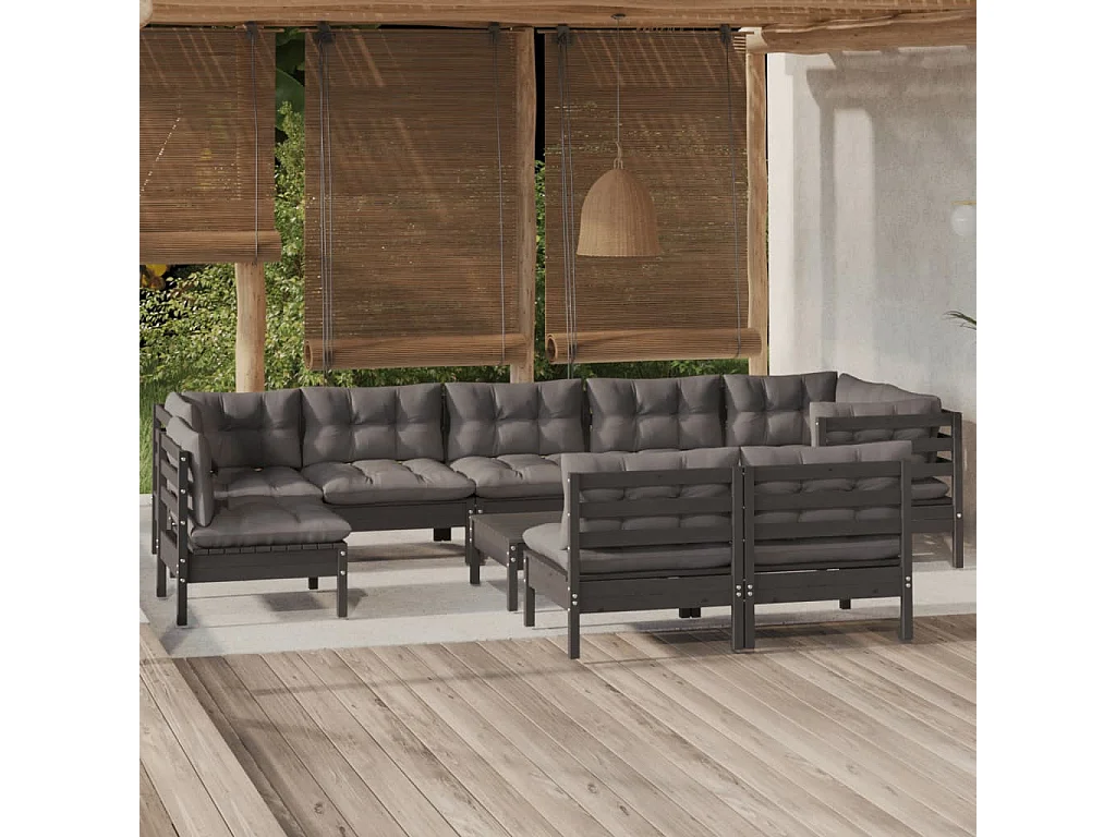 Set Divani da Giardino 10 pz con Cuscini Neri Massello di Pino