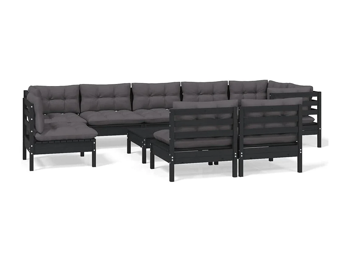 Set Divani da Giardino 10 pz con Cuscini Neri Massello di Pino