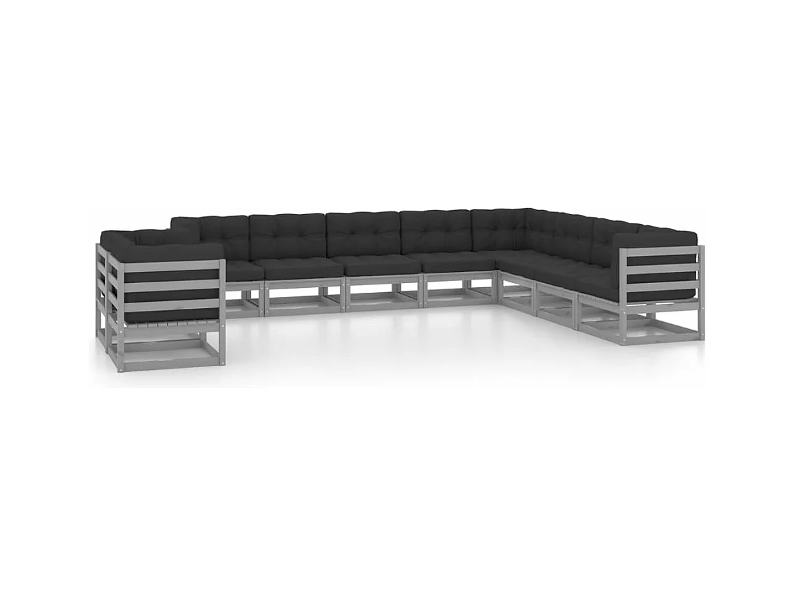 Salon de jardin 10 pcs avec coussins Gris Bois de pin massif