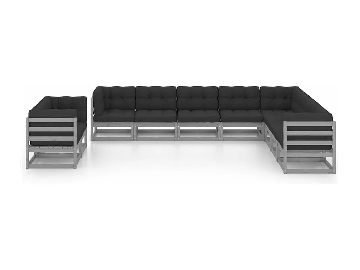 Salon de jardin 10 pcs avec coussins Gris Bois de pin massif