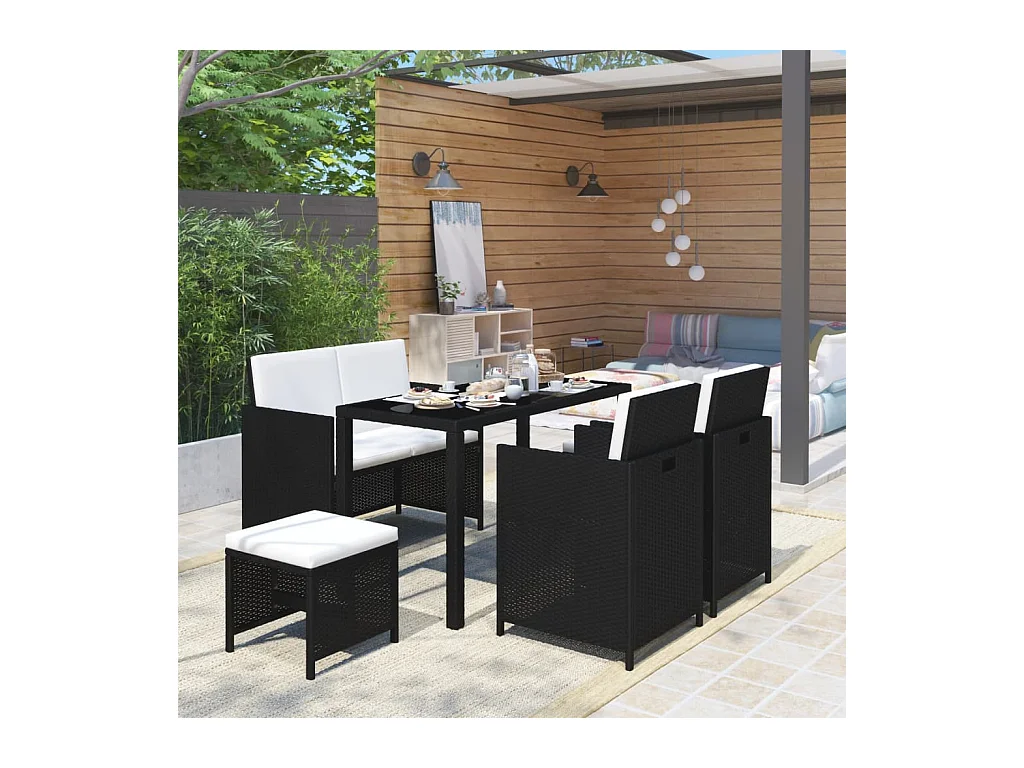 Salon de jardin 6 pcs avec coussins Résine tressée Noir