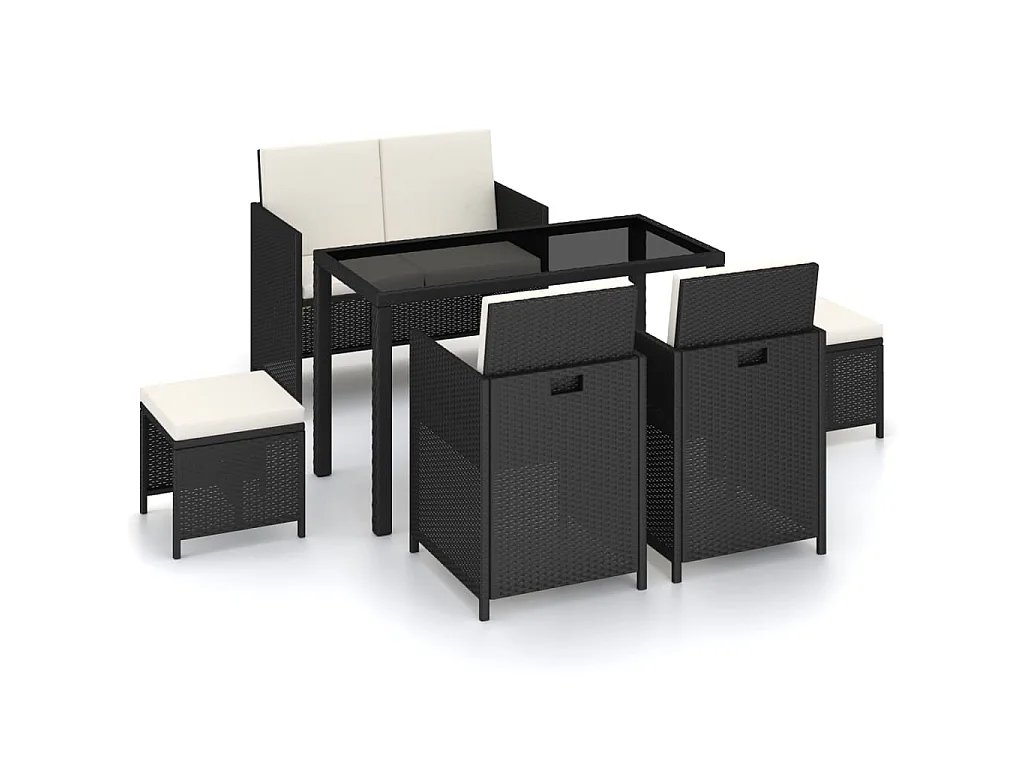 Set da Pranzo per Esterni 6 pz con Cuscini in Polyrattan Nero