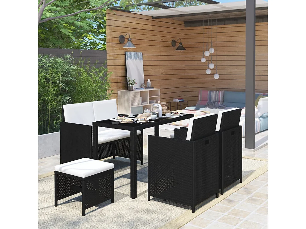 Set da Pranzo per Esterni 6 pz con Cuscini in Polyrattan Nero