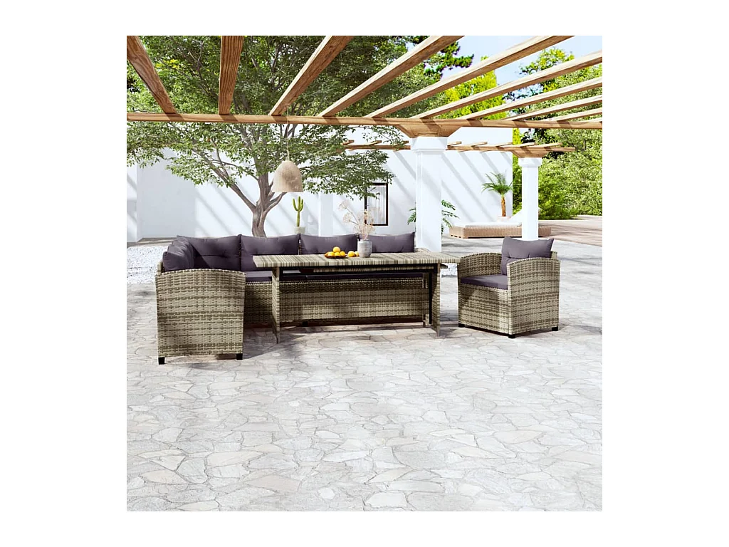 Salon de jardin 3 pcs avec coussins Résine tressée Gris