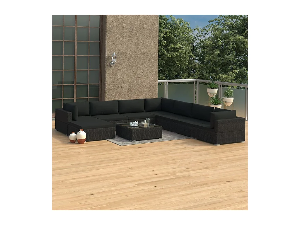 9-delige Loungeset met kussens poly rattan zwart