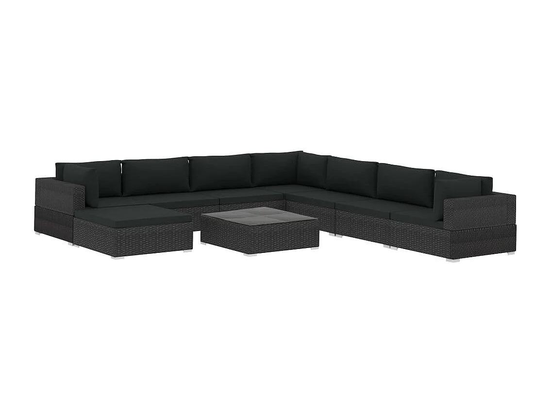 9-delige Loungeset met kussens poly rattan zwart