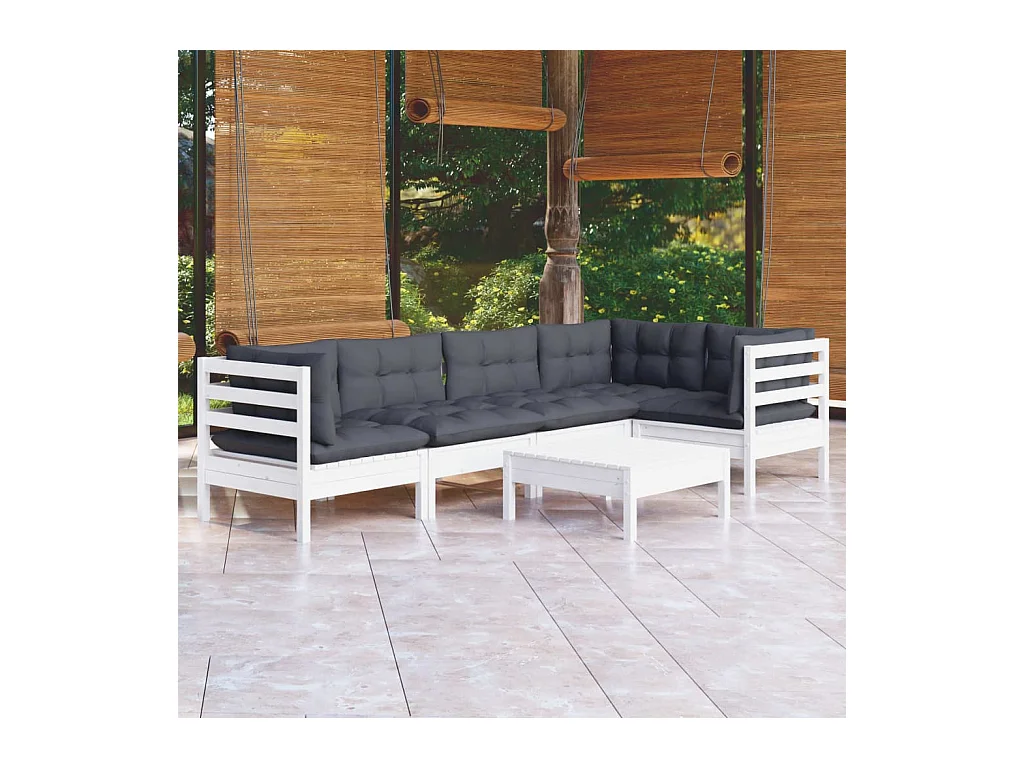 6-tlg. Garten-Lounge-Set mit Kissen Weiß Kiefernholz