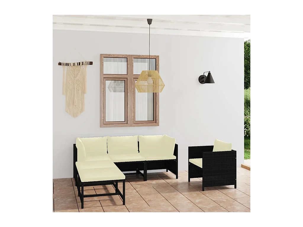 Set Divani da Giardino 6 pz con Cuscini in Polyrattan Nero