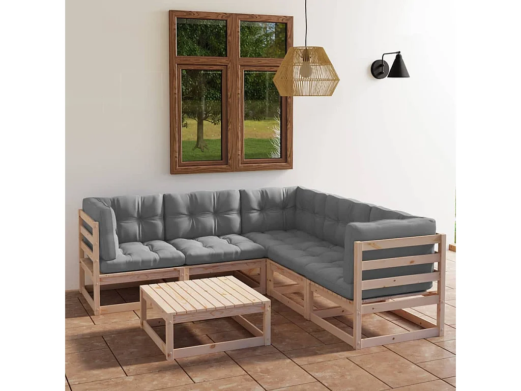 Muebles de jardín 6 piezas con cojines de madera de pino maciza