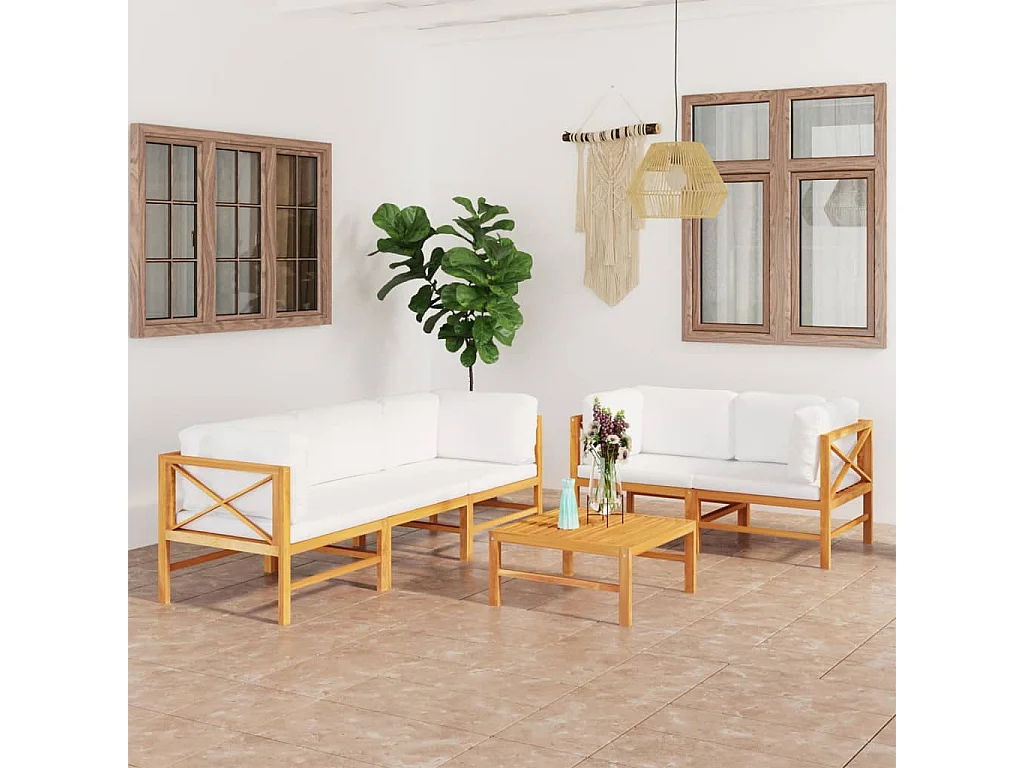 6 pcs conj. lounge de jardim + almofadões cor creme teca maciça