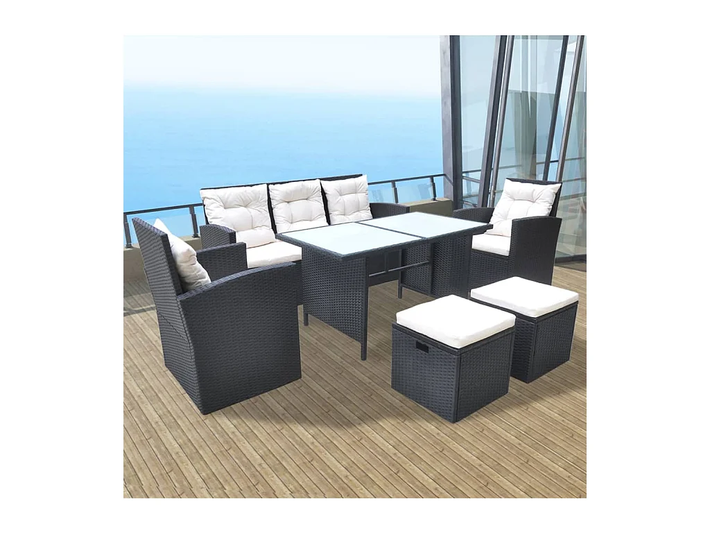 6-delige Tuinset met kussens poly rattan zwart