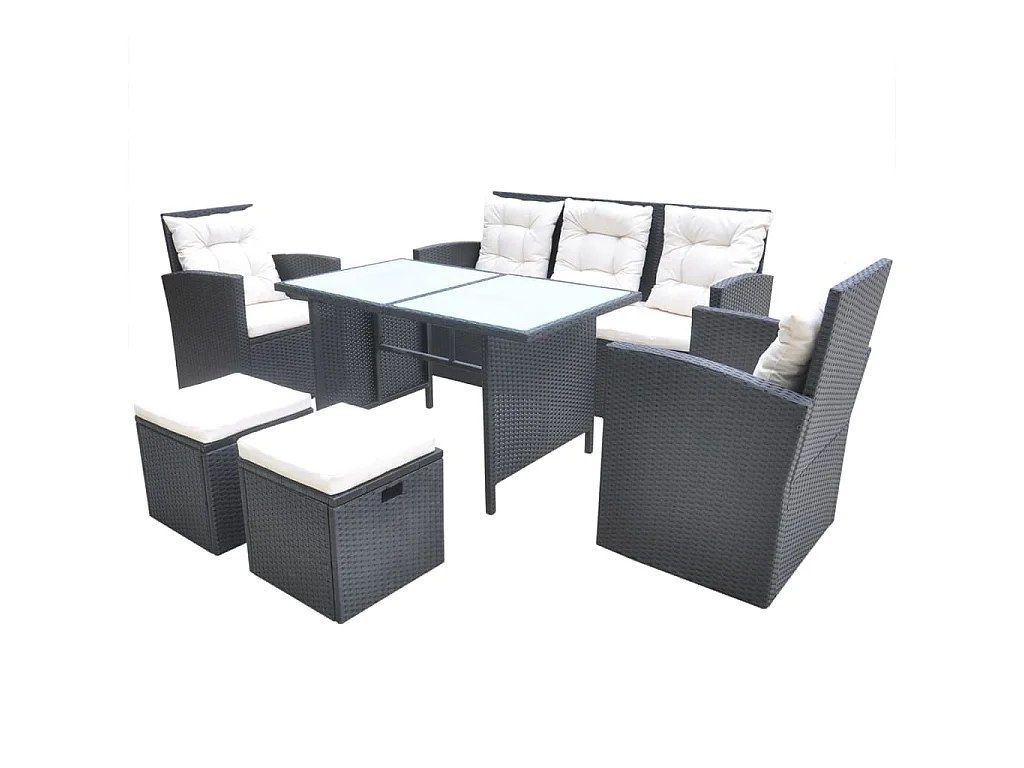 6 pcs conjunto jantar exterior com almofadões vime PE preto