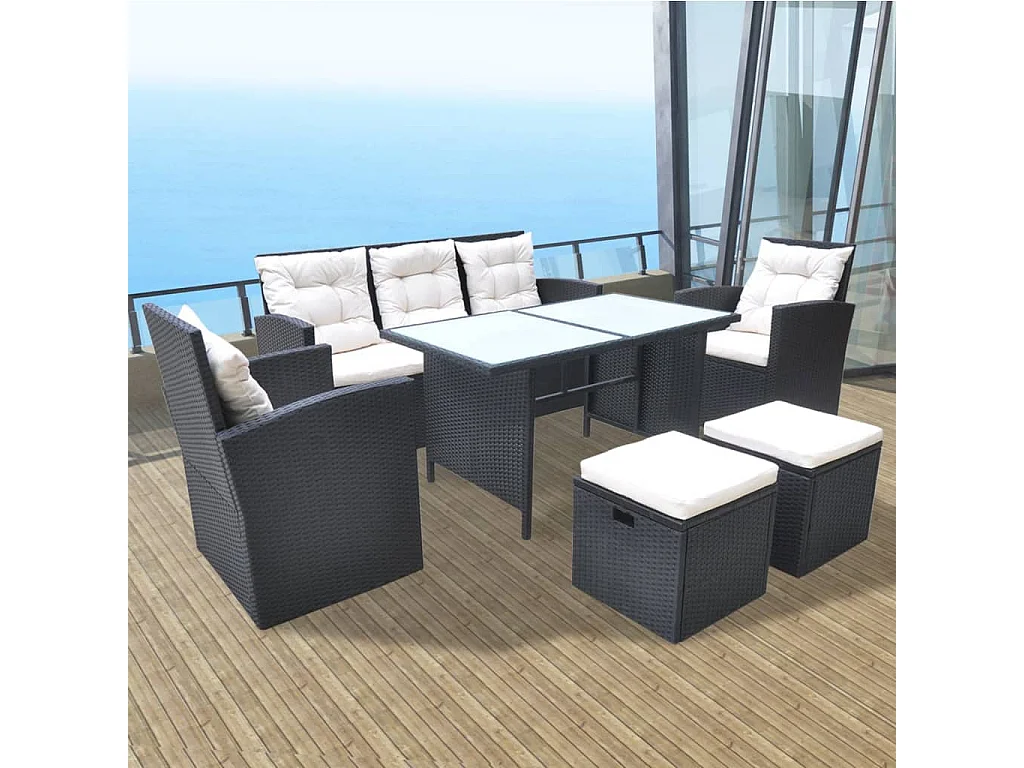 6 pcs conjunto jantar exterior com almofadões vime PE preto