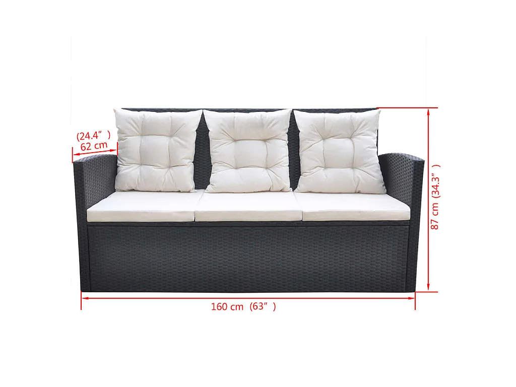 6 pcs conjunto jantar exterior com almofadões vime PE preto