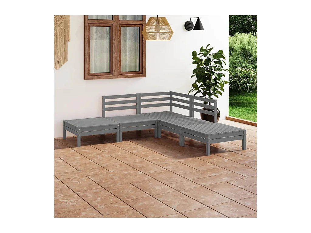 Set Salotto da Giardino 5 pz in Legno Massello di Pino Grigio