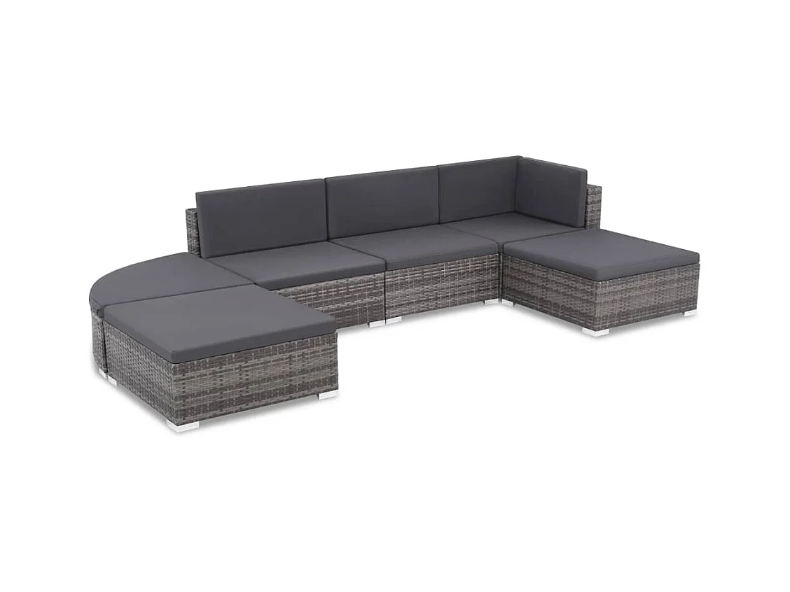 6-delige Loungeset met kussens poly rattan grijs
