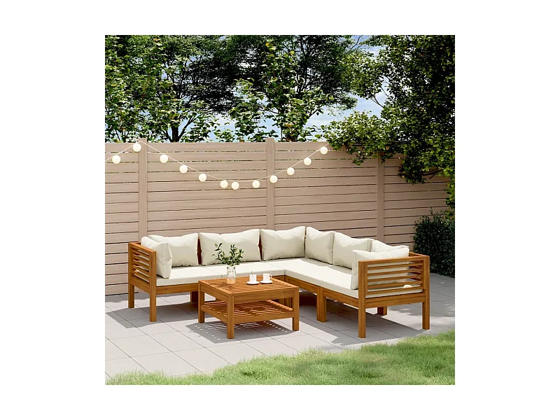 Set Divani da Giardino 6 pz con Cuscini Crema in Legno Acacia