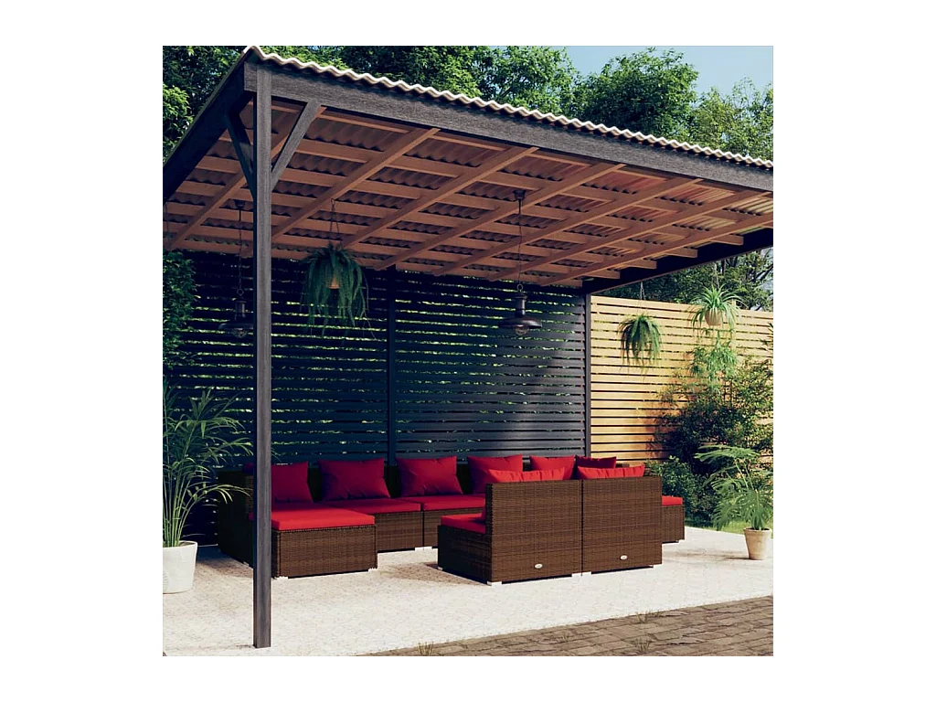 9-delige Loungeset met kussens poly rattan bruin