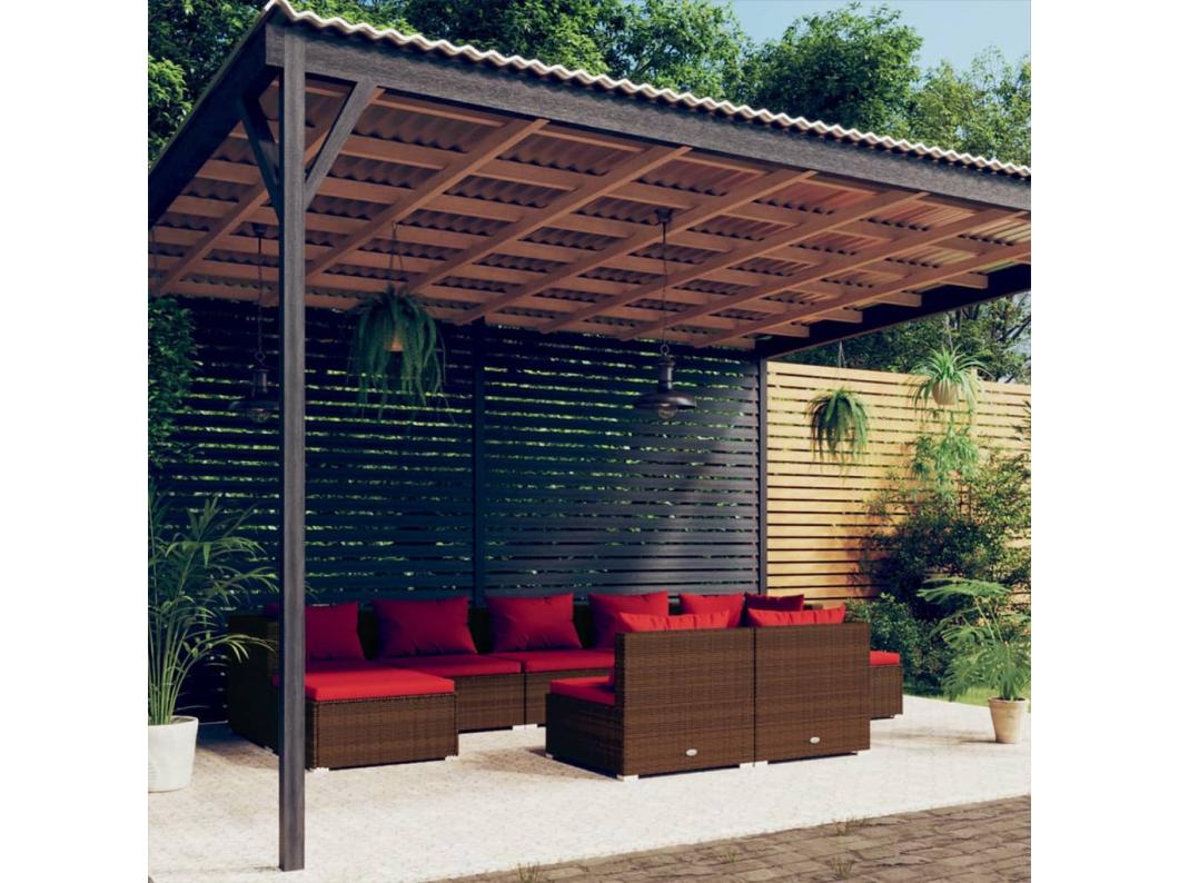 9 pcs conjunto lounge jardim c/ almofadões vime PE castanho