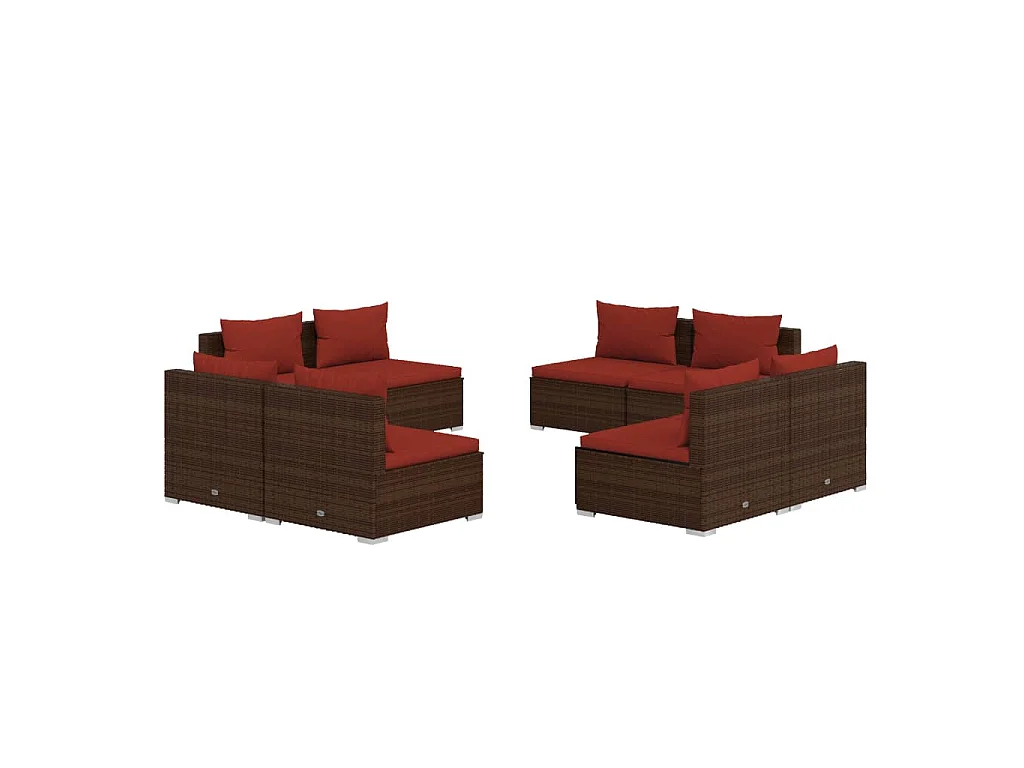 Salon de jardin 8 pcs avec coussins résine tressée marron