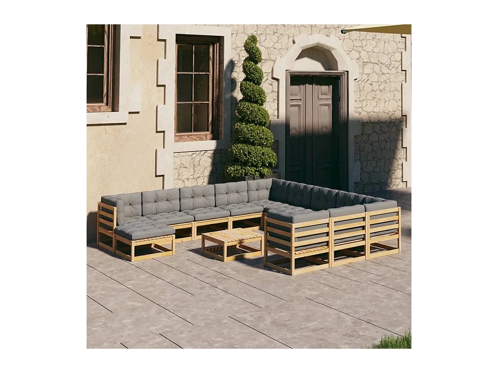 12-delige Loungeset met kussens massief grenenhout zwart