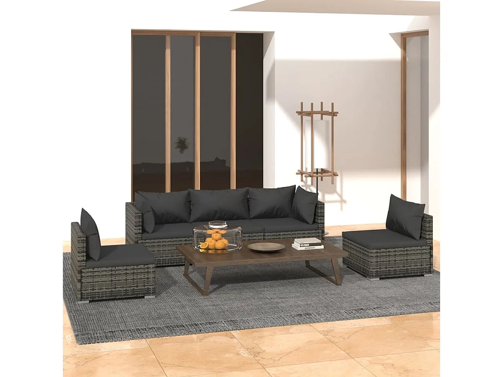Salon de jardin 5 pcs avec coussins Résine tressée Gris