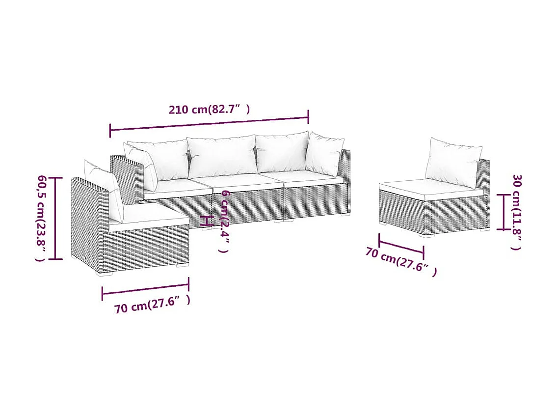 Salon de jardin 5 pcs avec coussins Résine tressée Gris