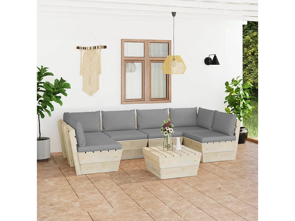 Muebles de jardín de palets 7 piezas y cojines madera de abeto
