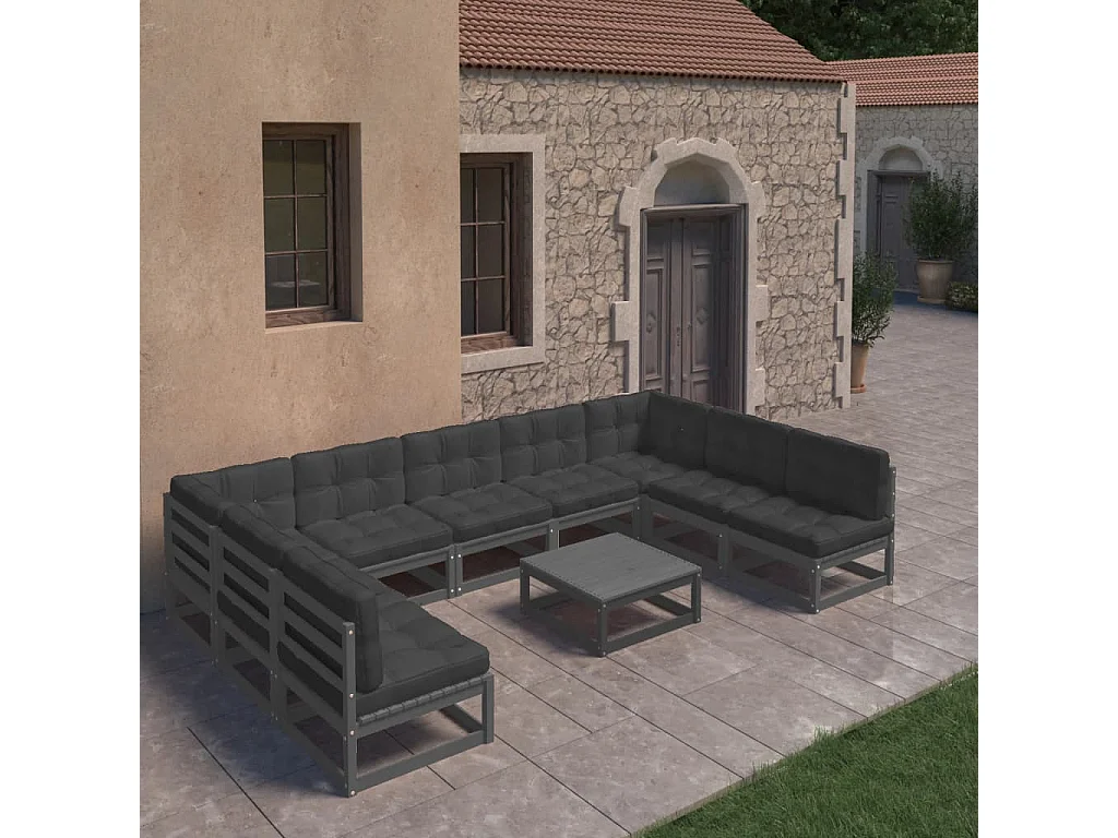 10-delige Loungeset met kussens massief grenenhout zwart