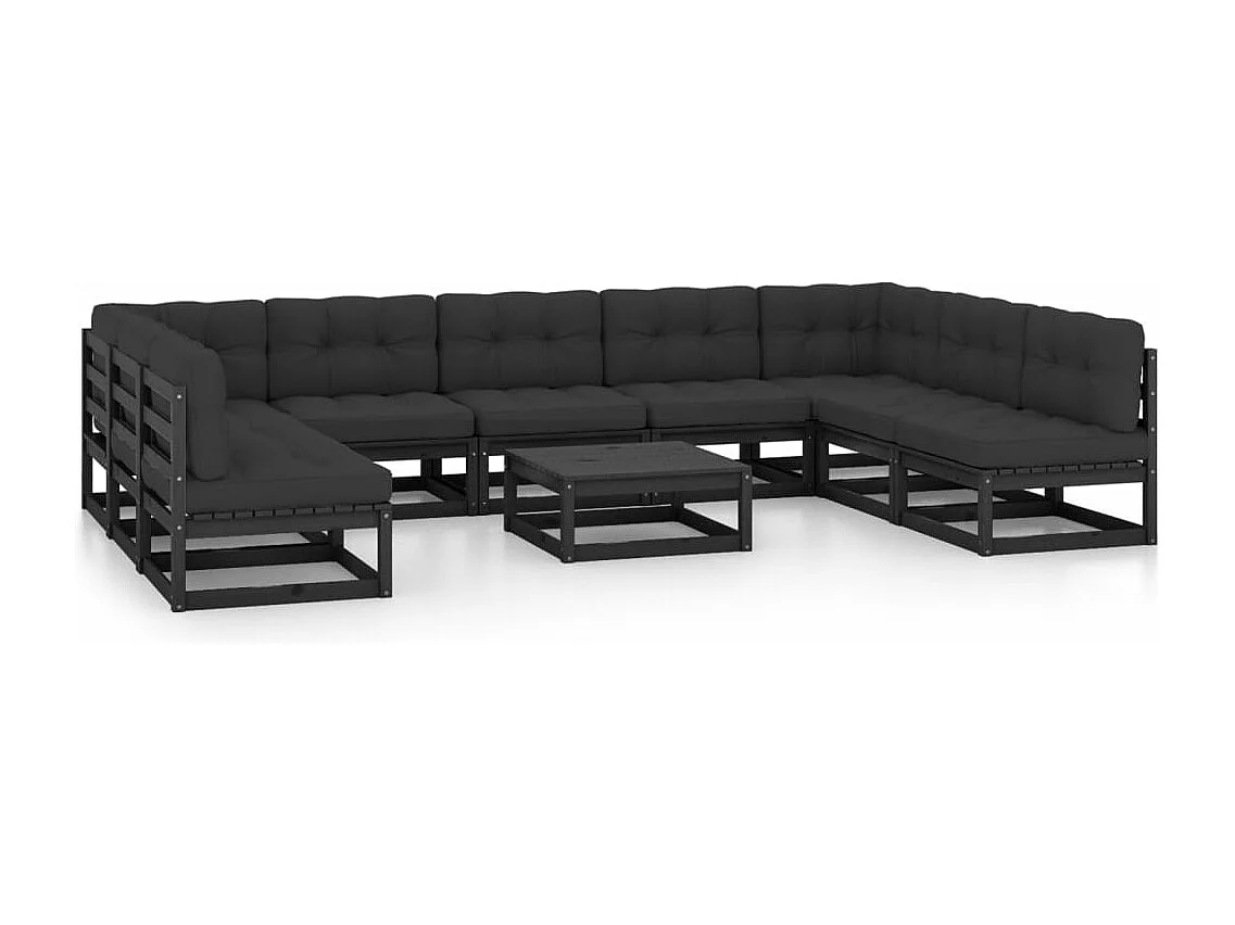 10-delige Loungeset met kussens massief grenenhout zwart