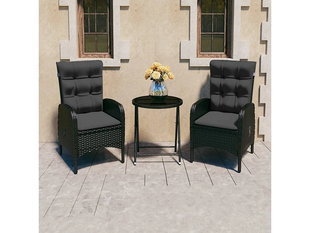 3-tlg. Bistro-Set Poly Rattan und Glas Schwarz