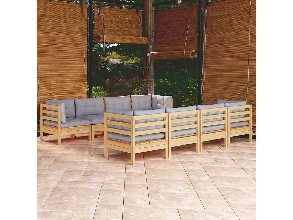 Salon de jardin 9 pcs avec coussins gris bois de pin massif