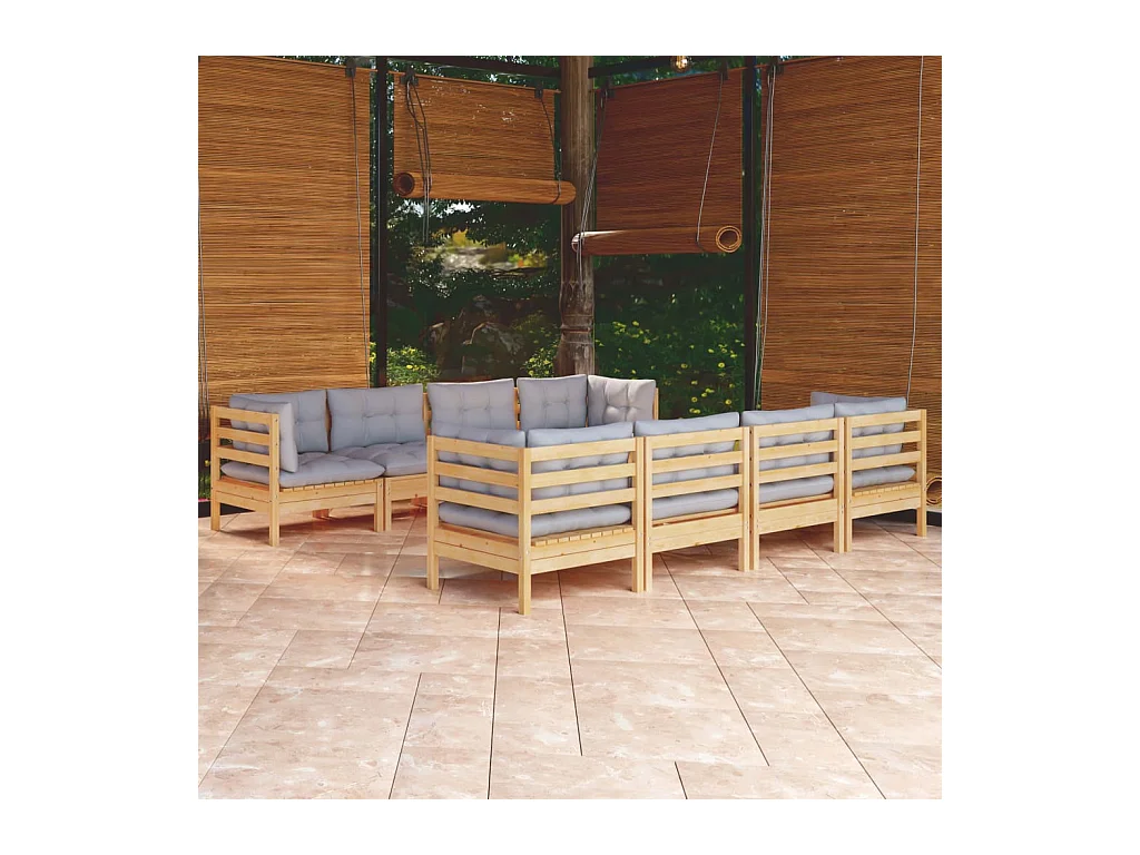 Salon de jardin 9 pcs avec coussins gris bois de pin massif