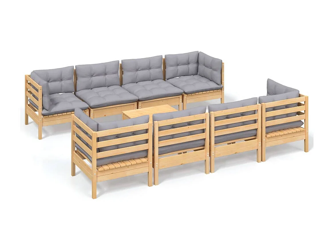 9-tlg. Garten-Lounge-Set mit Grauen Kissen Kiefer Massivholz