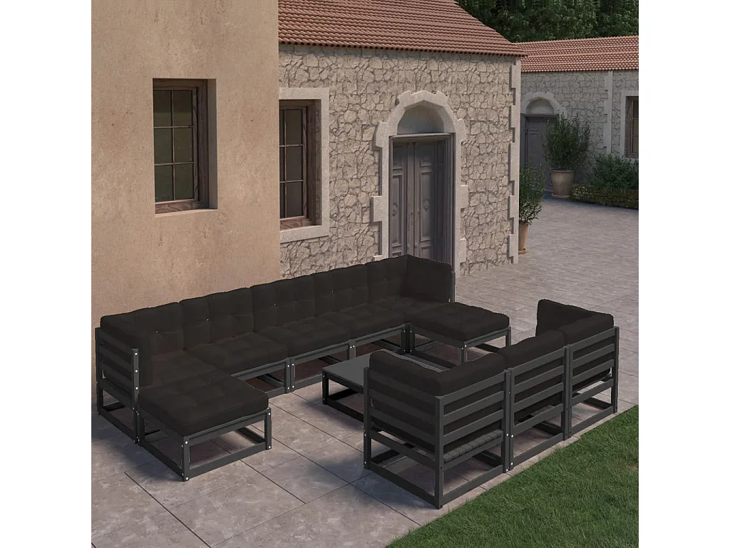 Salon de jardin 11 pcs avec coussins Noir Bois de pin massif