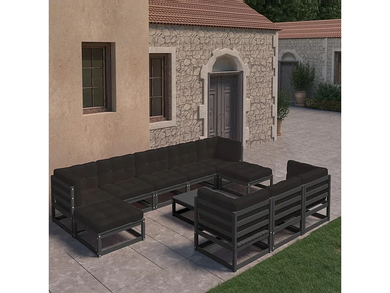 11 pcs conj. lounge de jardim c/ almofadões pinho maciço preto