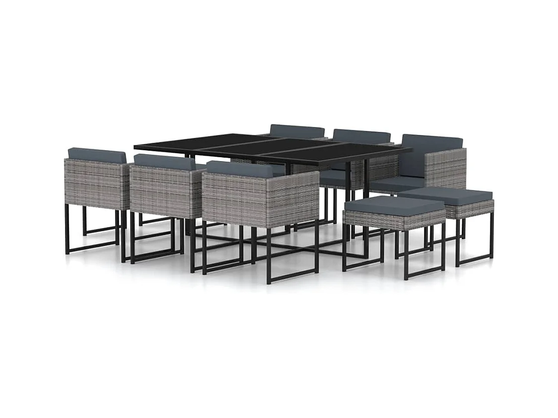 Ensemble à manger de jardin coussins 11 pcs Résine tressée Gris
