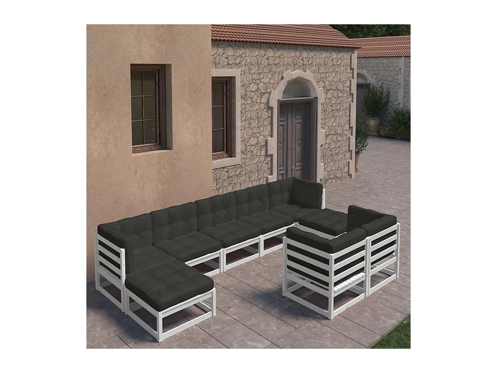 9-delige Loungeset met kussens massief grenenhout wit