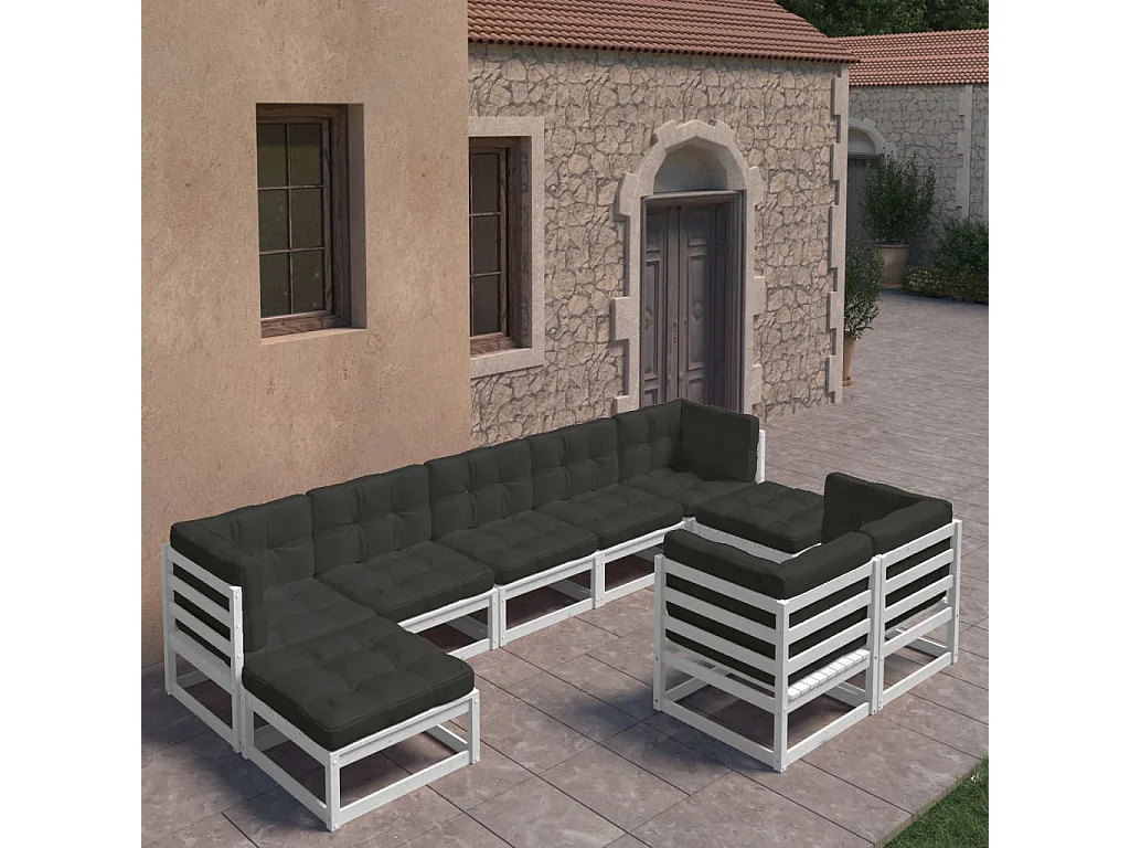 9-delige Loungeset met kussens massief grenenhout wit