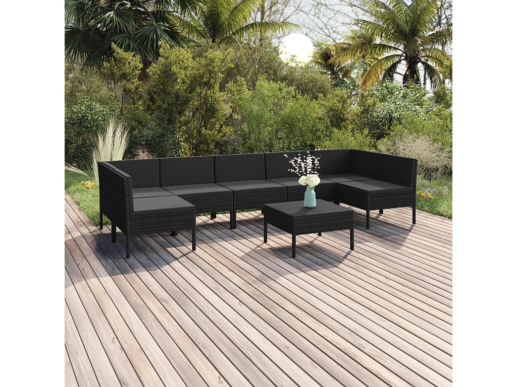 8 pcs conjunto lounge de jardim c/ almofadões vime PE preto